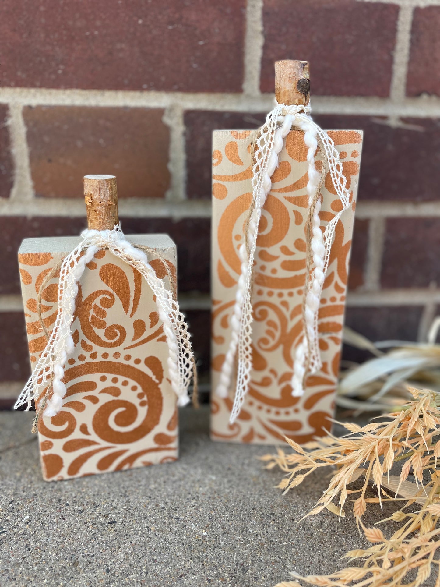 Handmade Reclaimed Light Beige and Metallic Orange Pumpkin Set