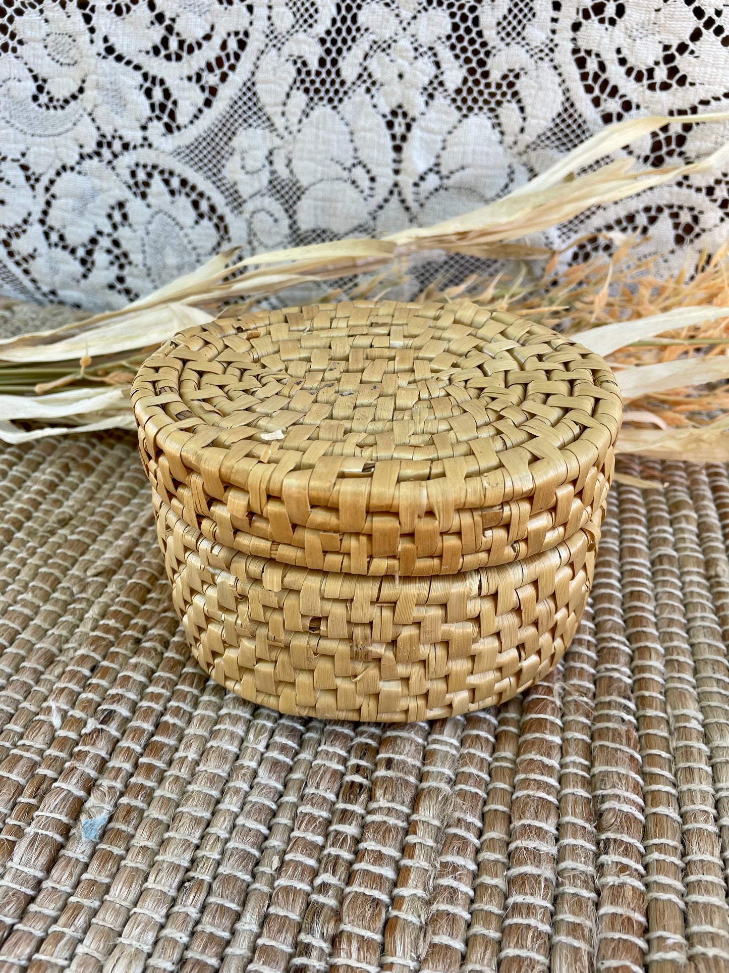 Vintage Wicker Coaster Set with Holder