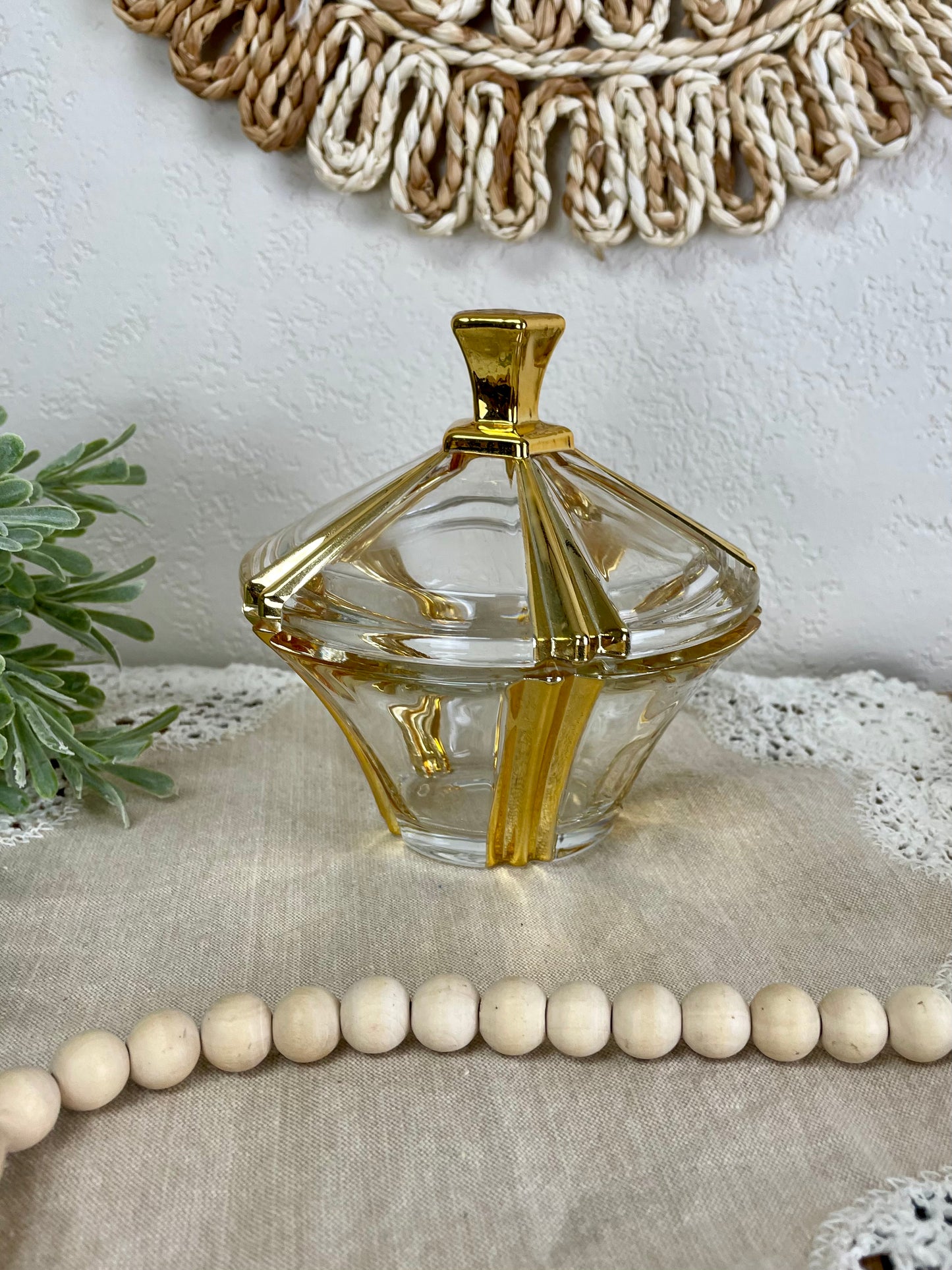 Vintage Glass Dish with Gold Details and Lid