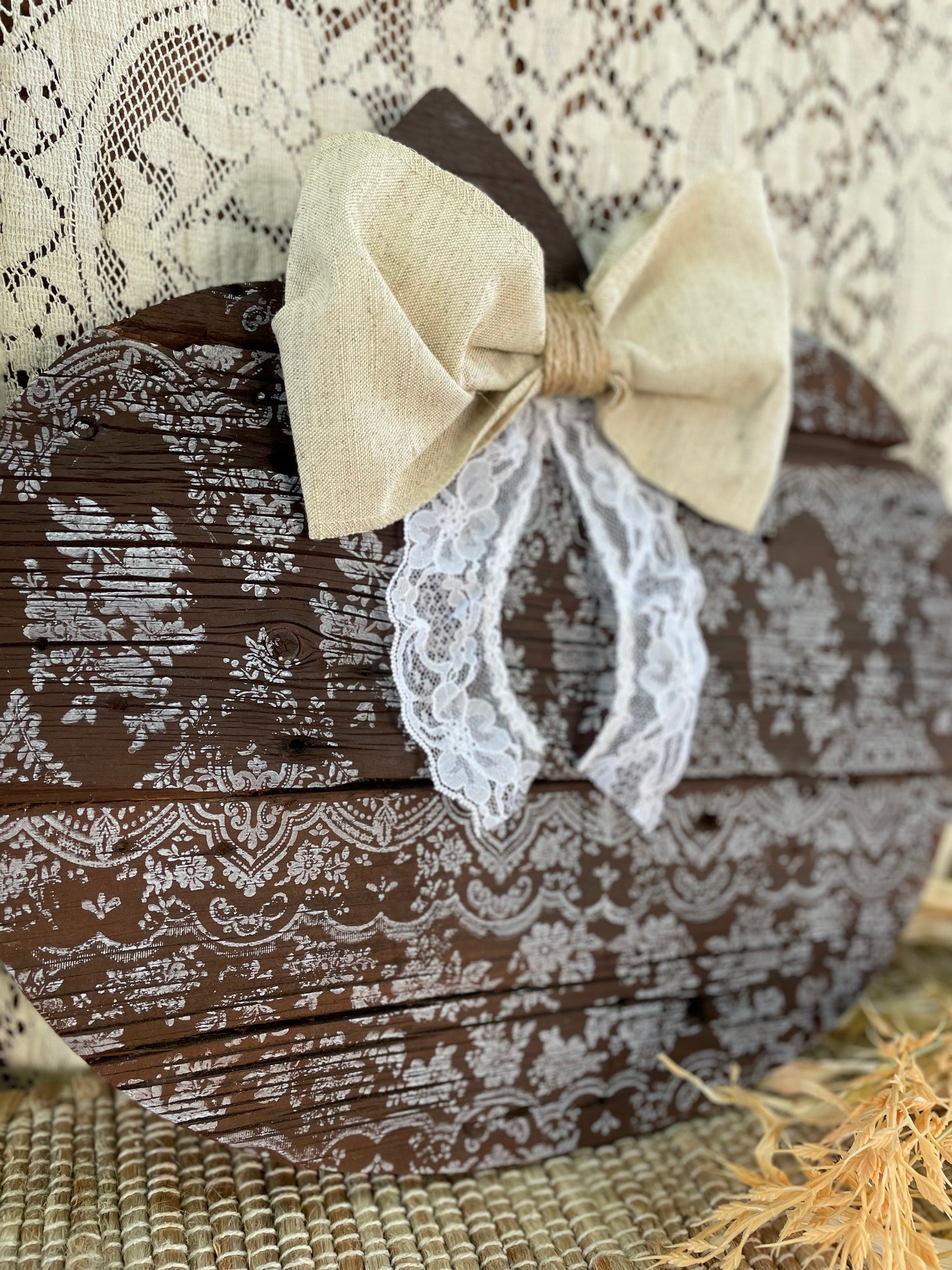 Handmade Barn Wood Pumpkin with Lace Pattern