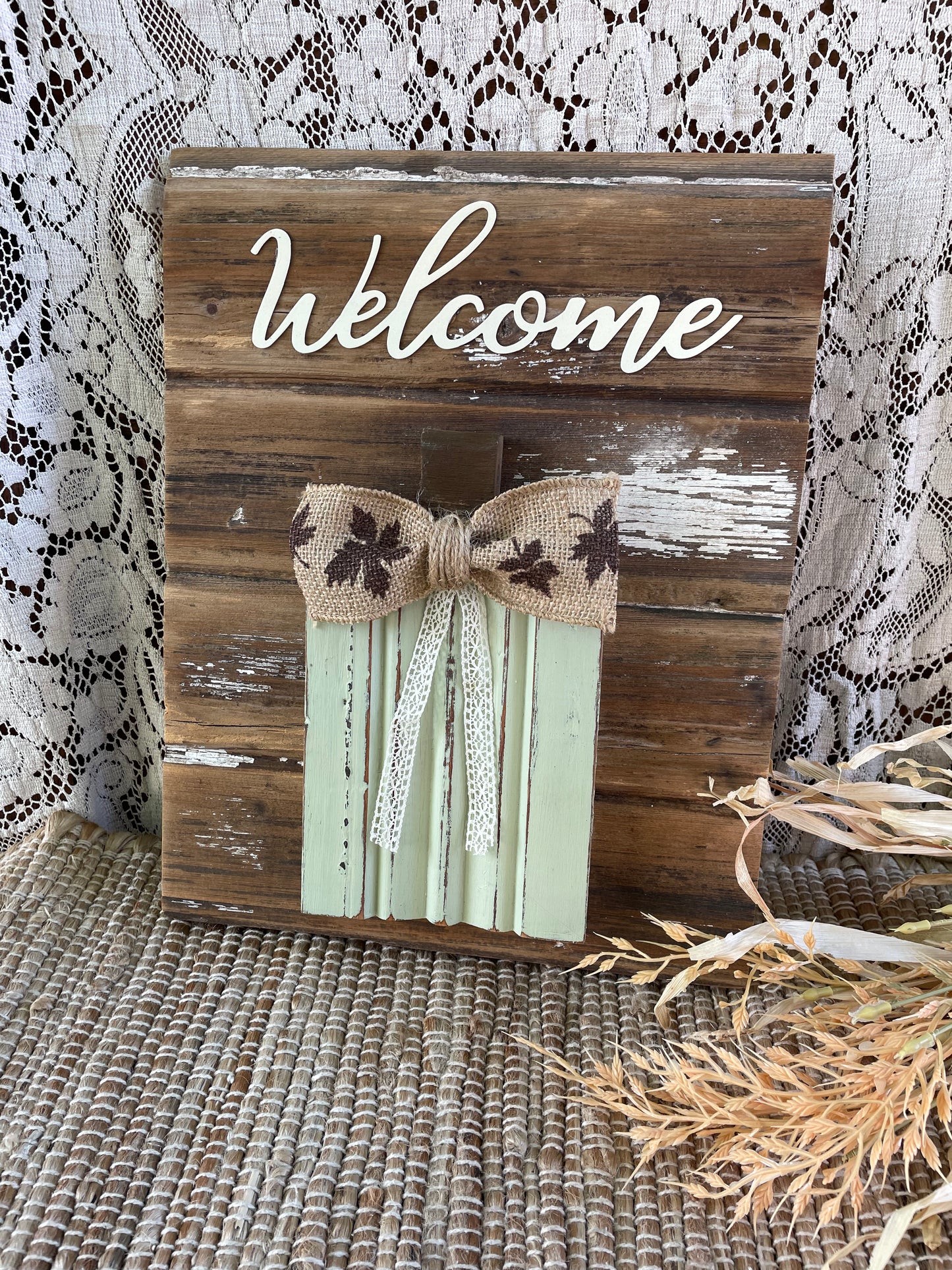 Handmade Barn Wood Light Sage “Welcome” Pumpkin Sign