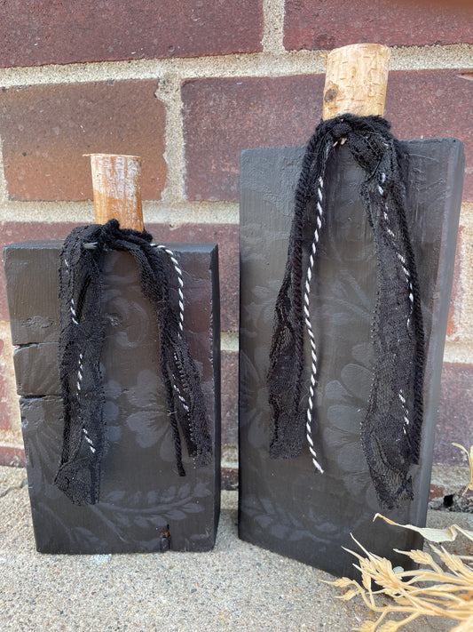 Handmade Reclaimed Black Floral Pumpkin Set