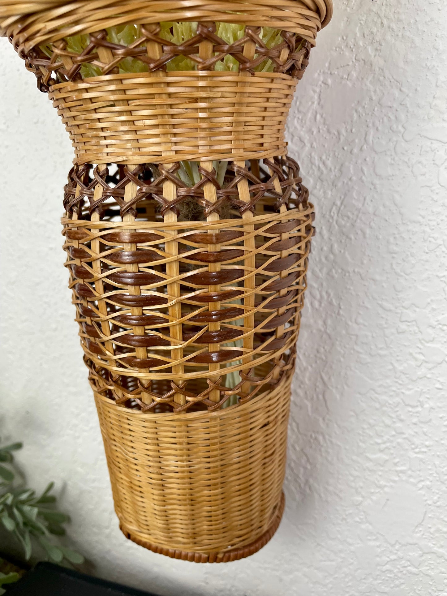 Vintage Wicker Wall Vase with Wheat Grass