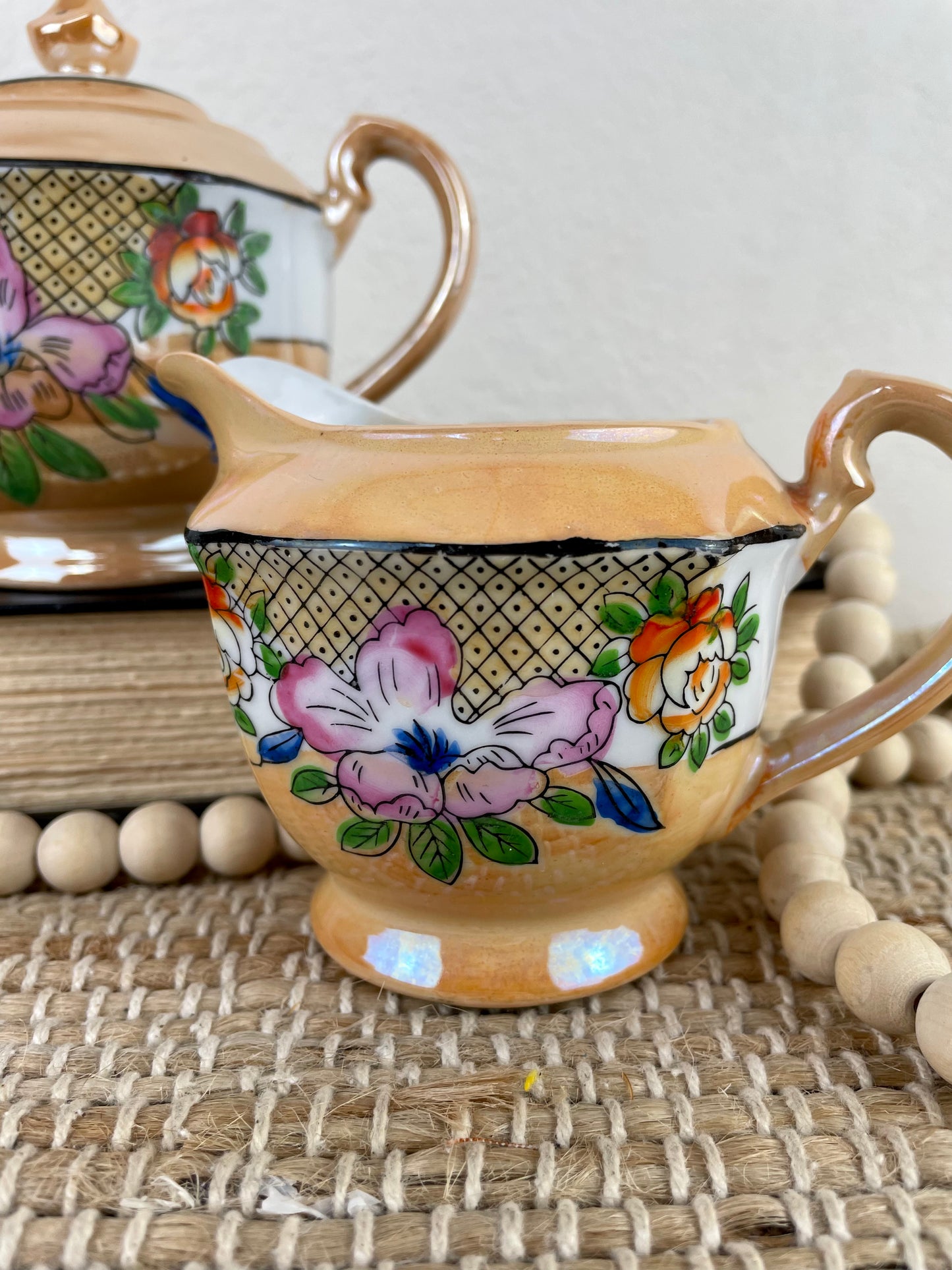 Vintage Hand Painted Japanese Lusterware Creamer & Sugar Set