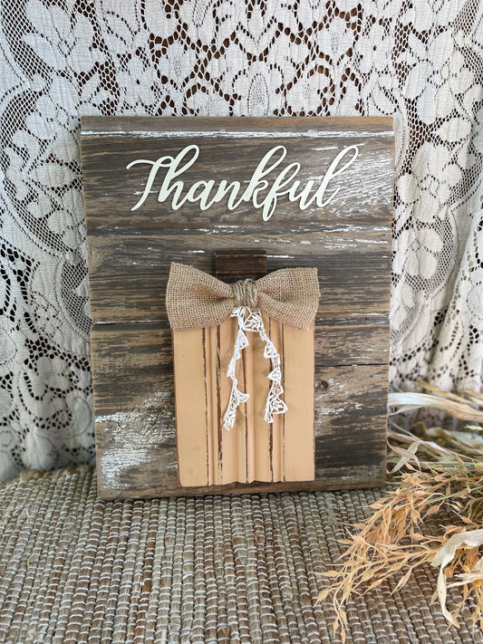 Handmade Barn Wood Peachy Orange “Thankful” Pumpkin Sign