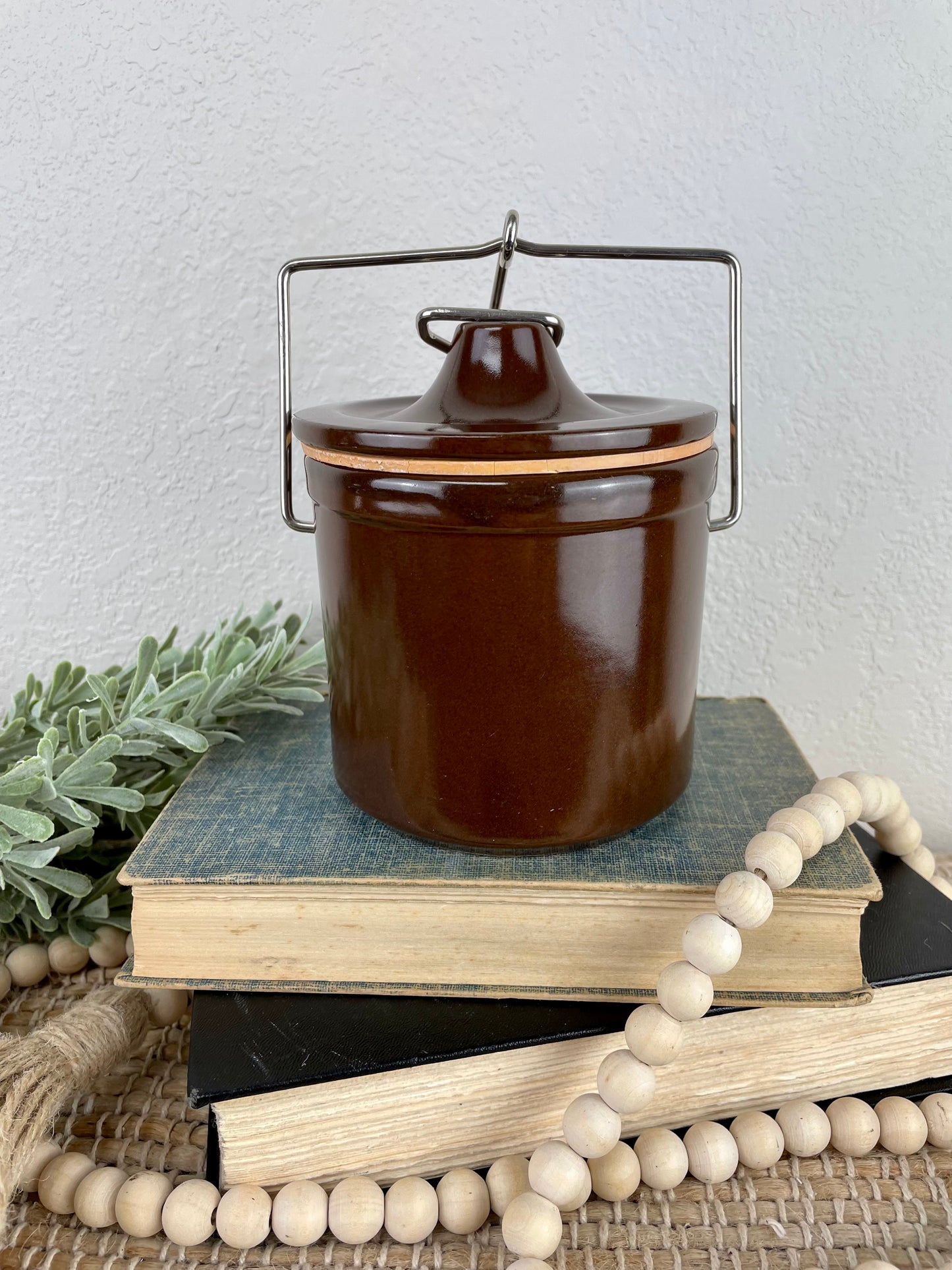 Vintage Brown Cheese Crock with Lid