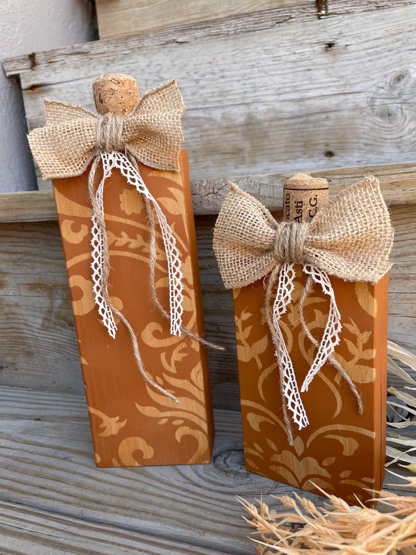 Handmade Reclaimed Wood Orange Pumpkin Set with Bows