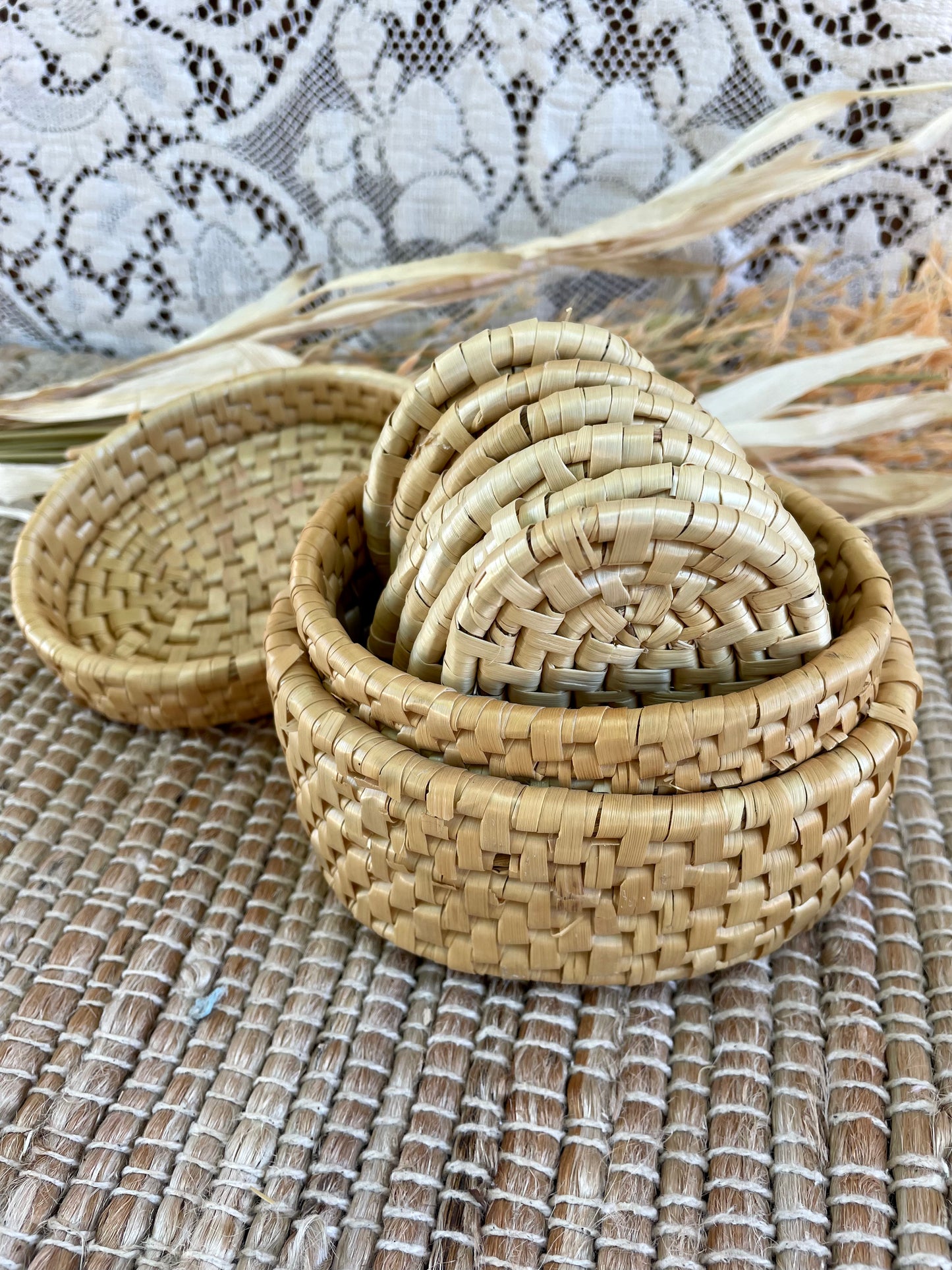 Vintage Wicker Coaster Set with Holder