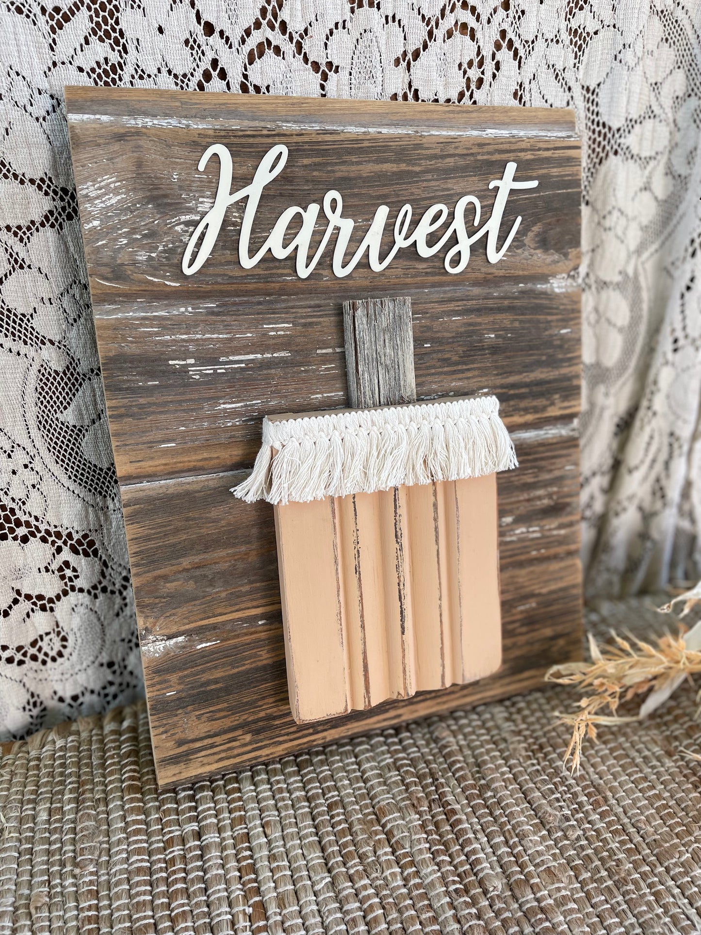 Handmade Barn Wood Peach “Harvest” Pumpkin Sign