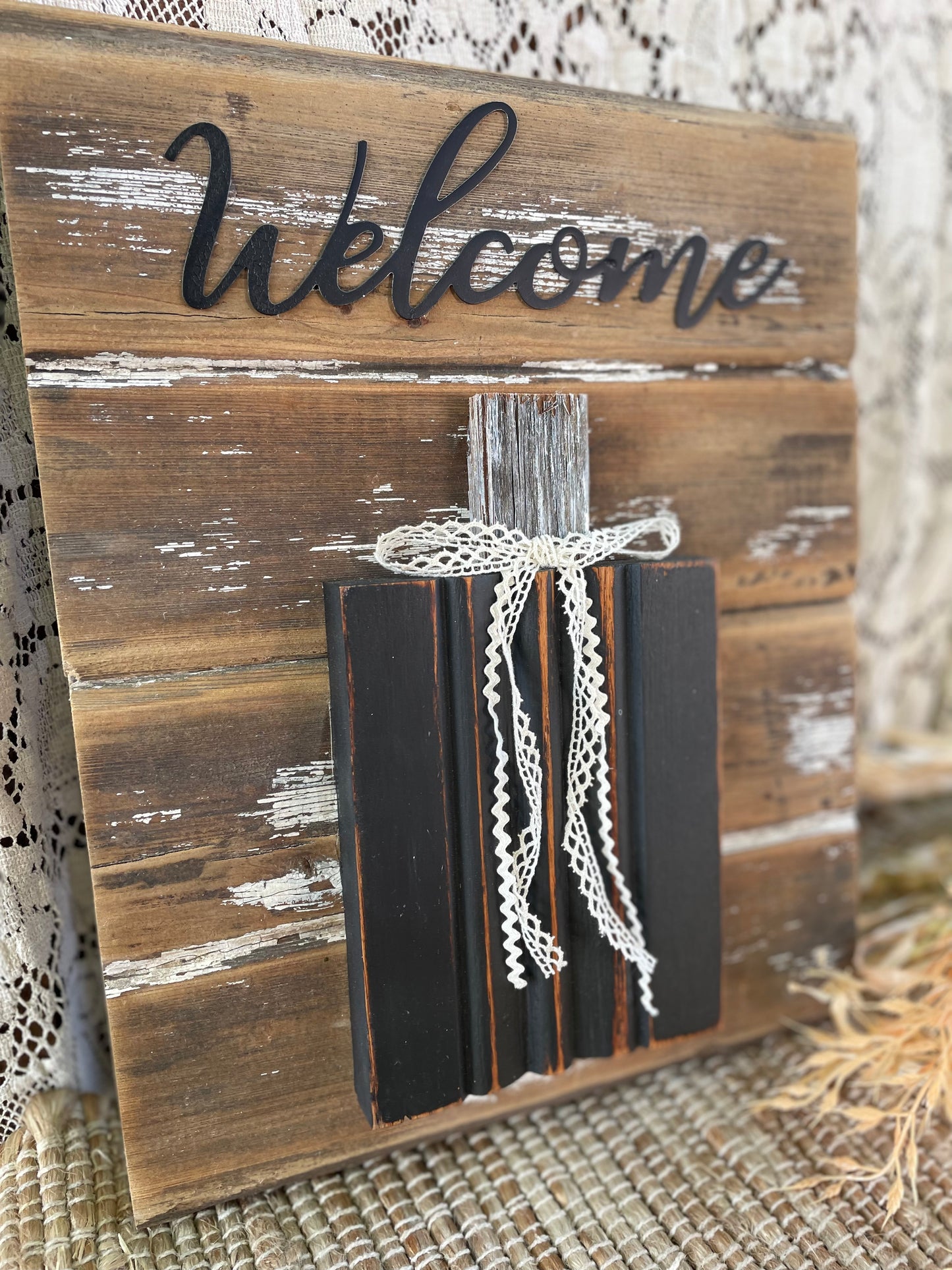 Handmade Barn Wood Black “Welcome” Pumpkin Sign