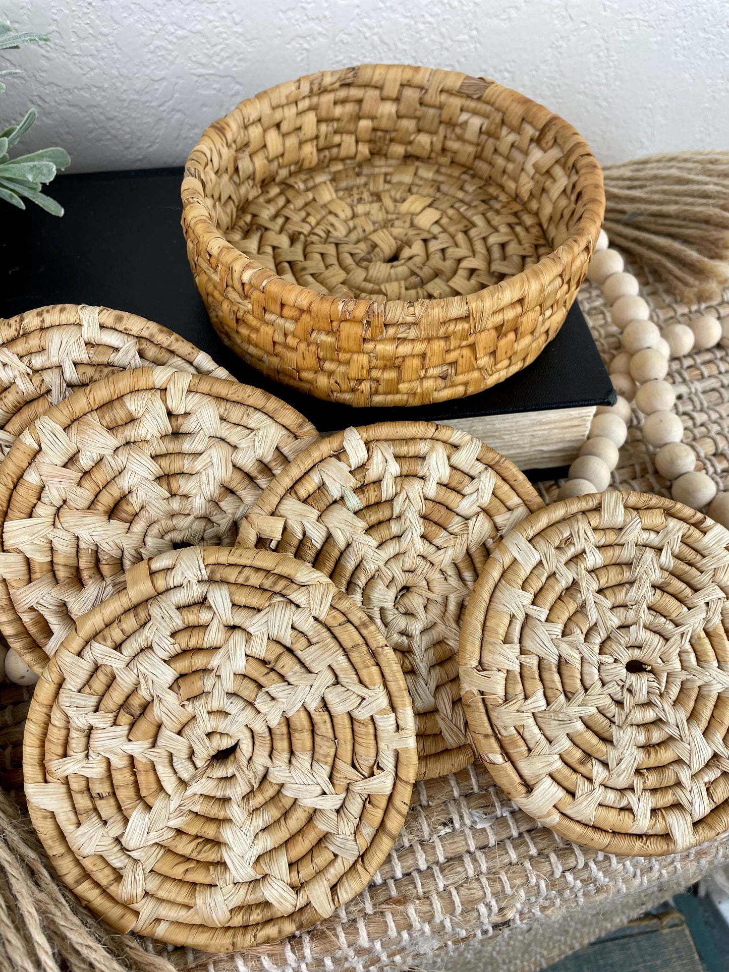 Vintage Round Wicker Coaster Set