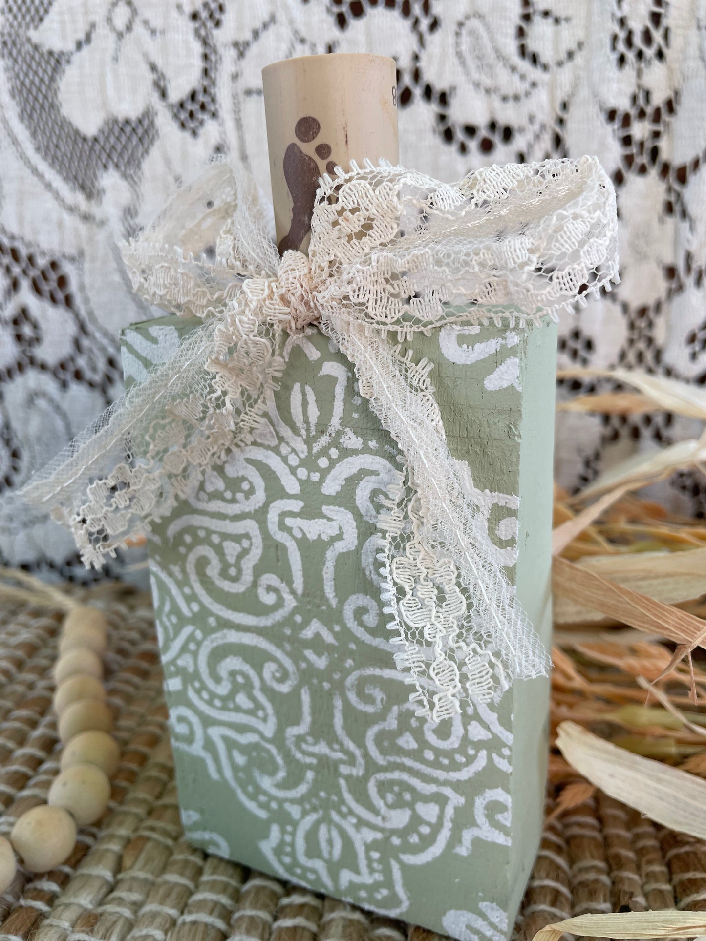 Handmade Reclaimed Wood Light Sage Boho Pumpkin