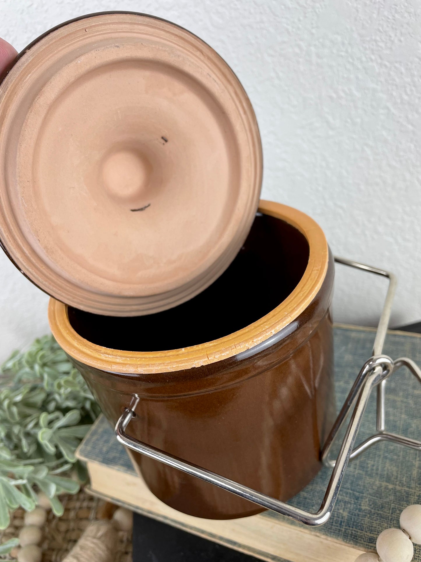 Vintage Brown Cheese Crock with Lid