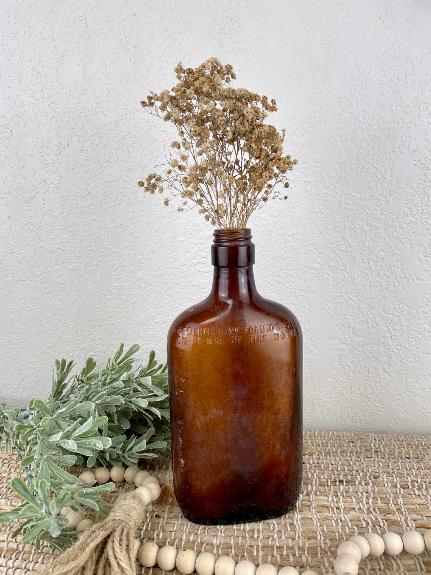 Vintage Amber Bottle with Dried Florals