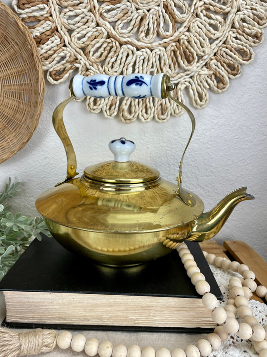 Vintage Brass Teapot with Ceramic Handle