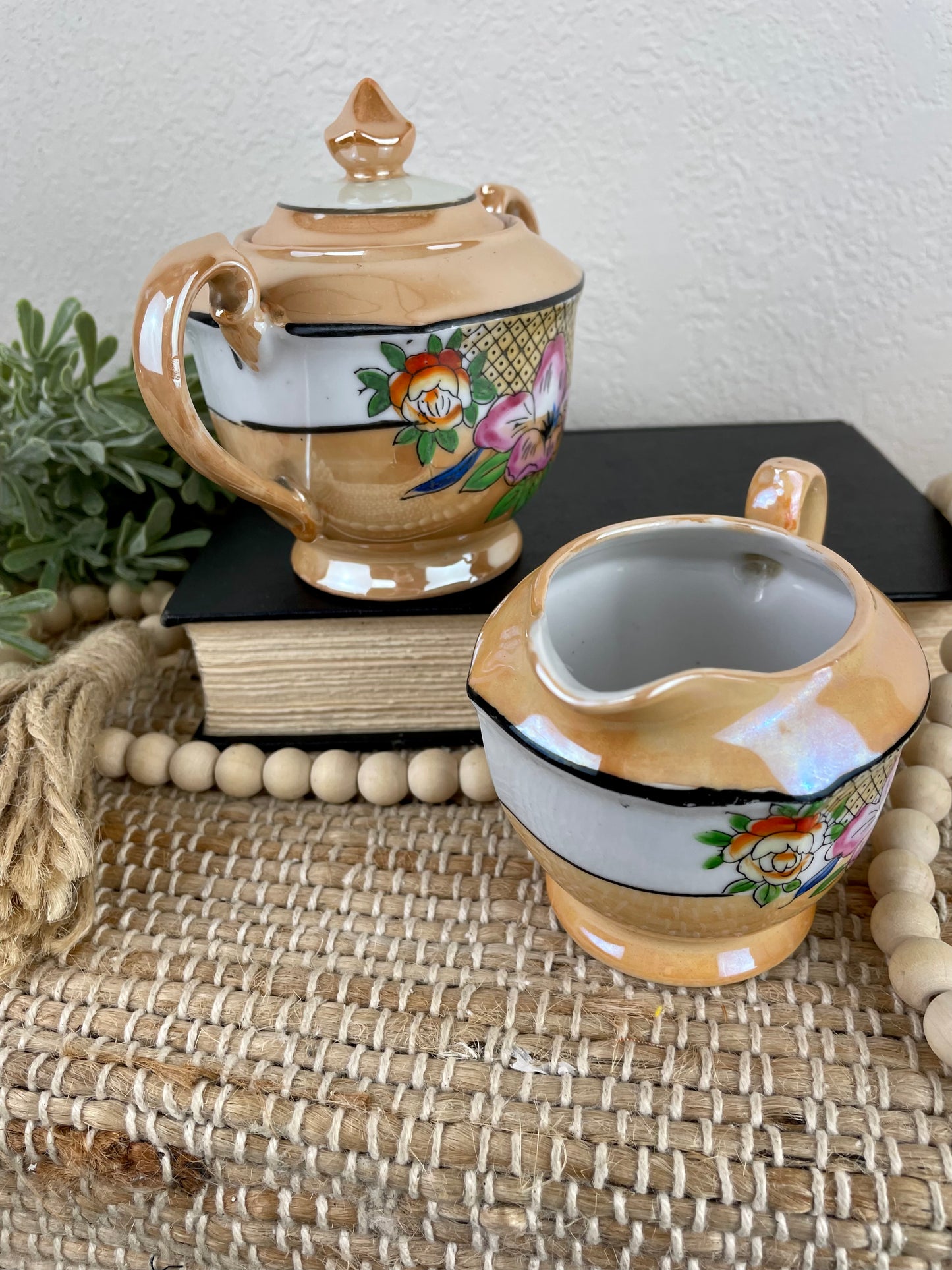 Vintage Hand Painted Japanese Lusterware Creamer & Sugar Set