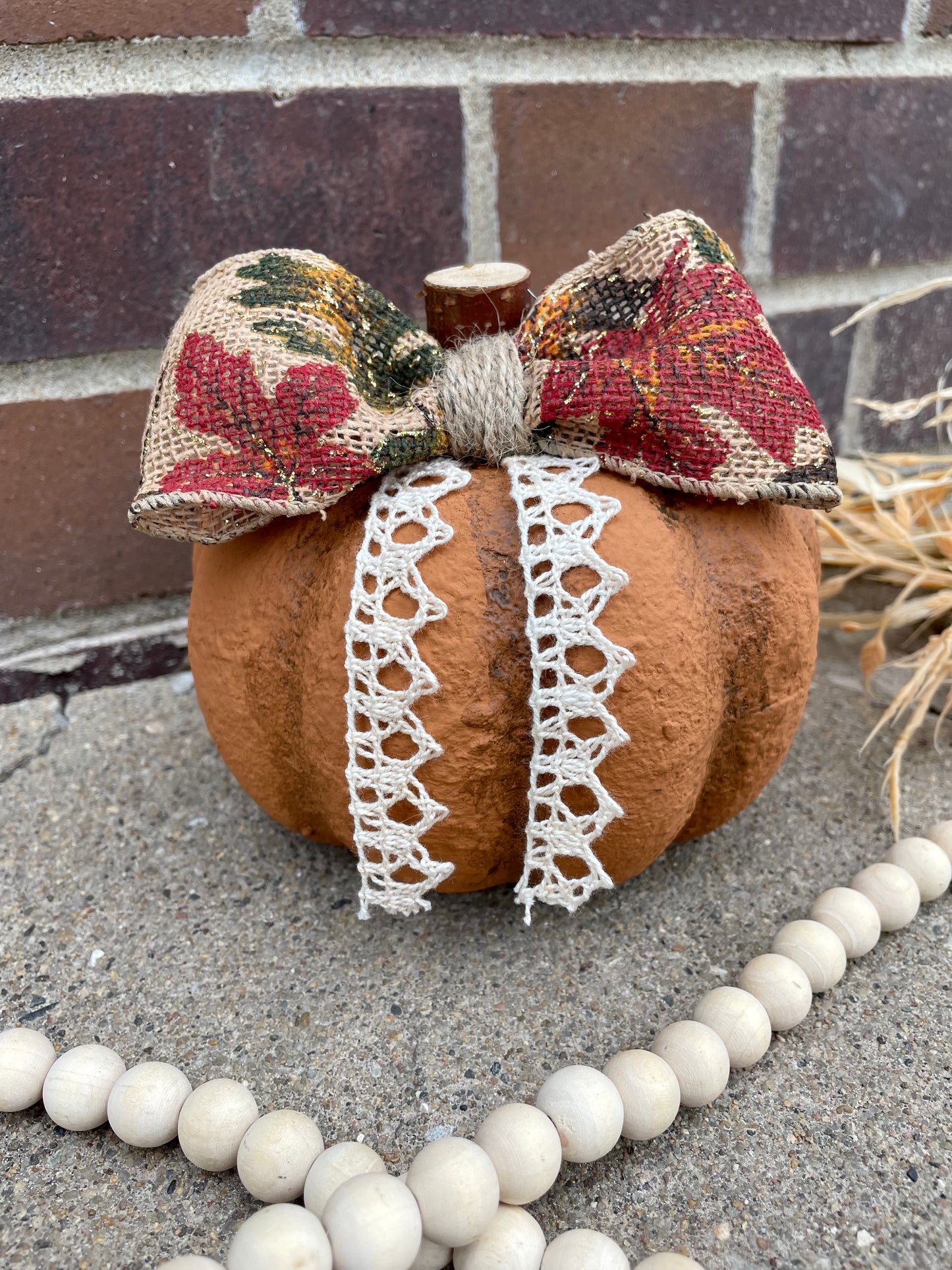 Handmade Textured Orange Pumpkin with Burlap Bow