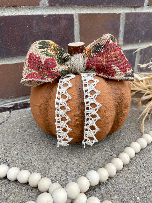 Handmade Textured Orange Pumpkin with Burlap Bow
