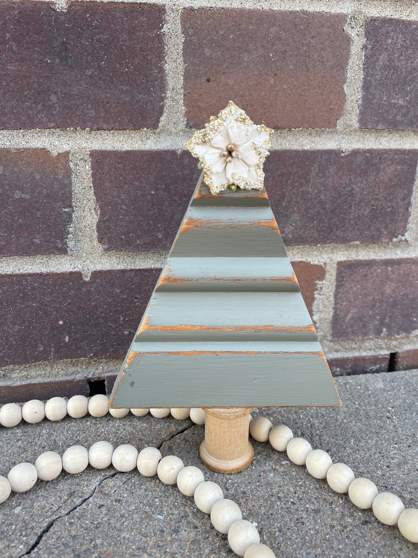 Upcycled Small Sage Green Vintage Trim Christmas Tree with White Poinsettia