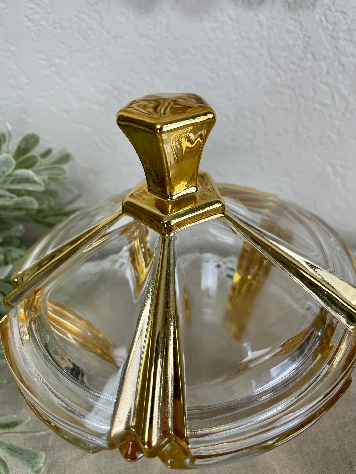 Vintage Glass Dish with Gold Details and Lid