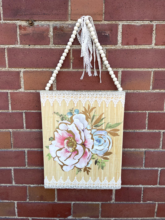 Handmade Boho Wicker Canvas Wall Hanging with Pink Flowers