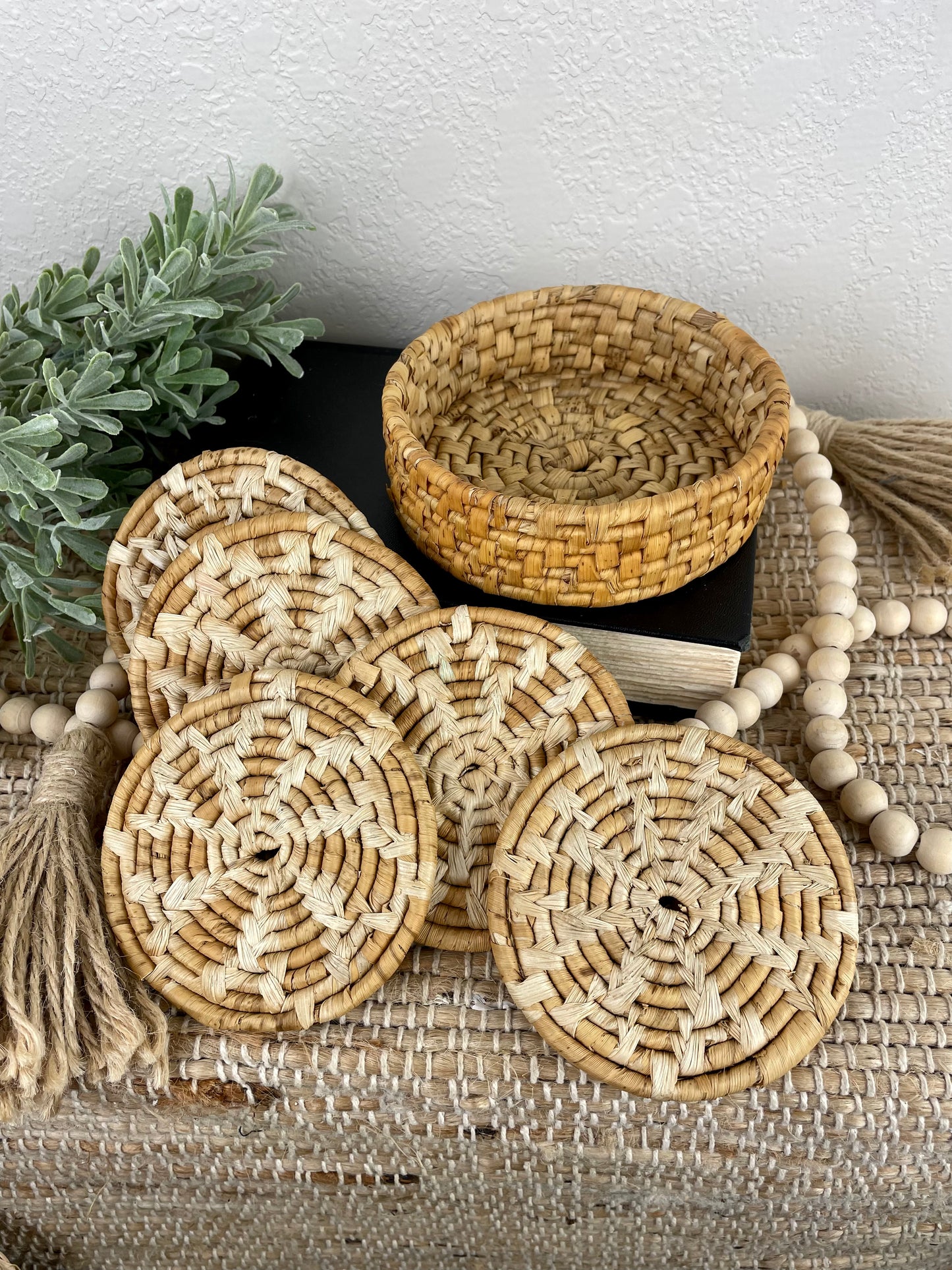 Vintage Round Wicker Coaster Set