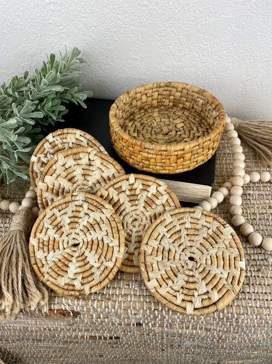 Vintage Round Wicker Coaster Set